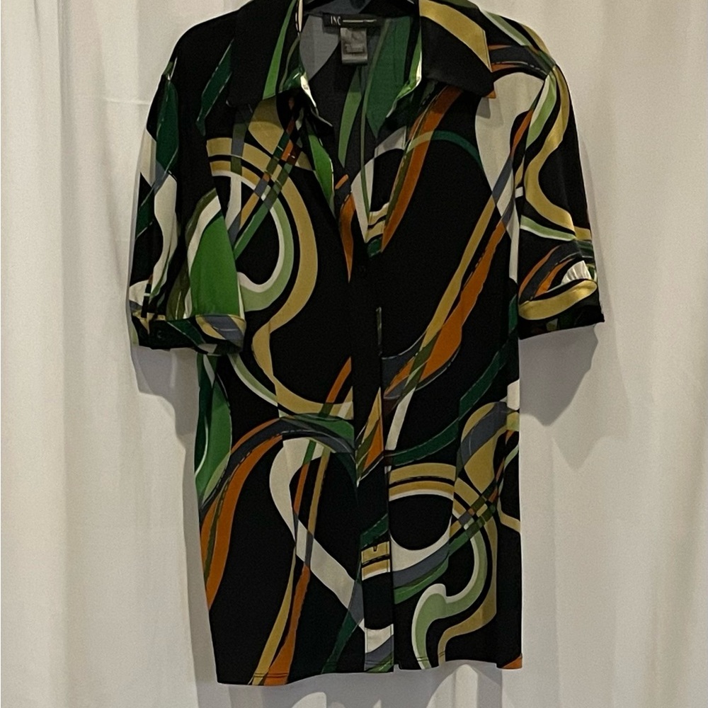 INC International Concepts Black and Green Casual Button Down Shirt